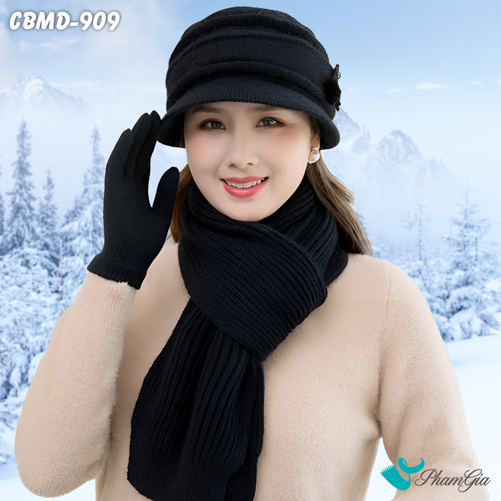 Combo Len Giữ Ấm Gồm Nón - Khăn - Găng Tay Màu Đen Tuyền