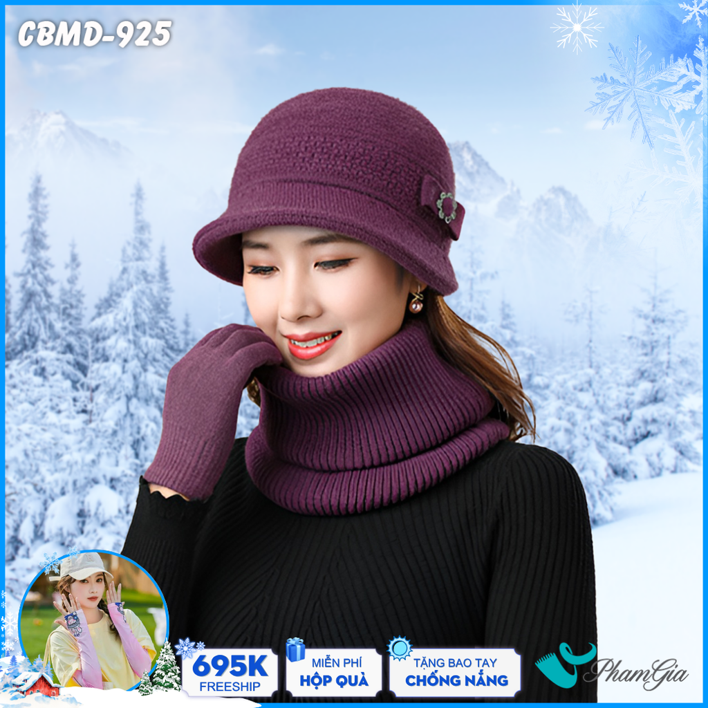 Combo Len Giữ Ấm Gồm Nón - Khăn - Găng Tay Màu Tím Cẩm