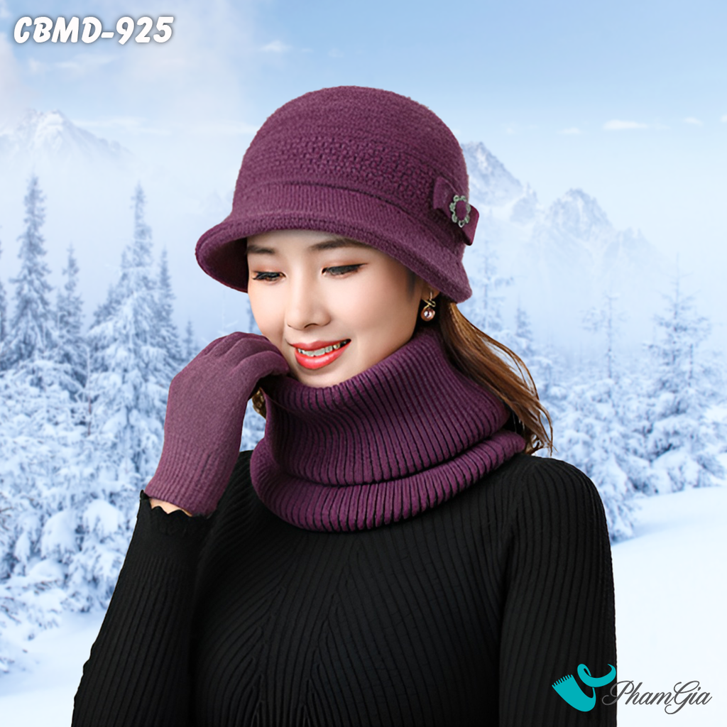 Combo Len Giữ Ấm Gồm Nón - Khăn - Găng Tay Màu Tím Cẩm