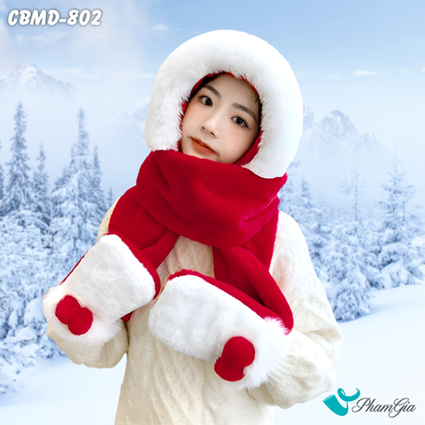 Người Mẫu Mặc Combo Len Nhung Giữ Ấm Tích Hợp 3in1 Phối Lông Màu Đỏ - Trắng