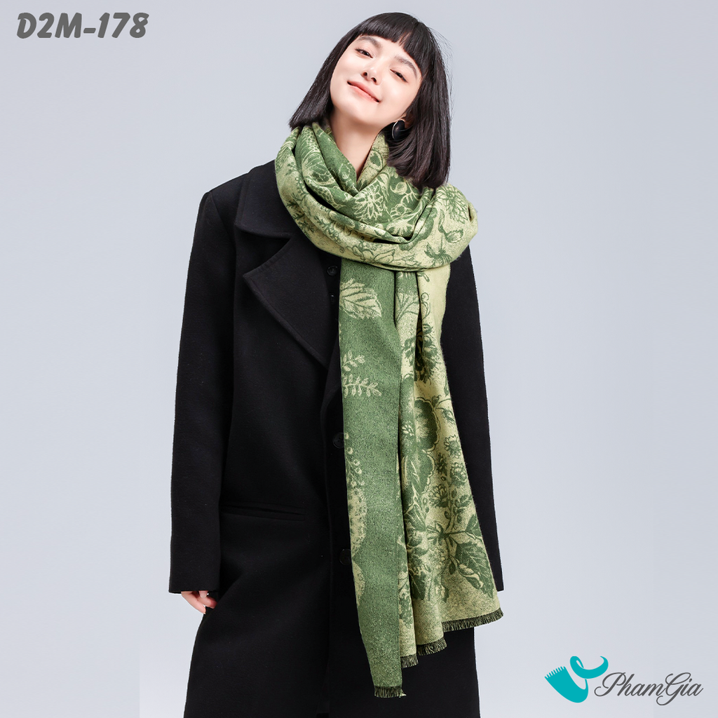 Khăn Choàng Dạ Cashmere 2 Mặt Cao Cấp Họa Tiết Bướm Và Hoa Màu Xanh Rêu Sang Trọng