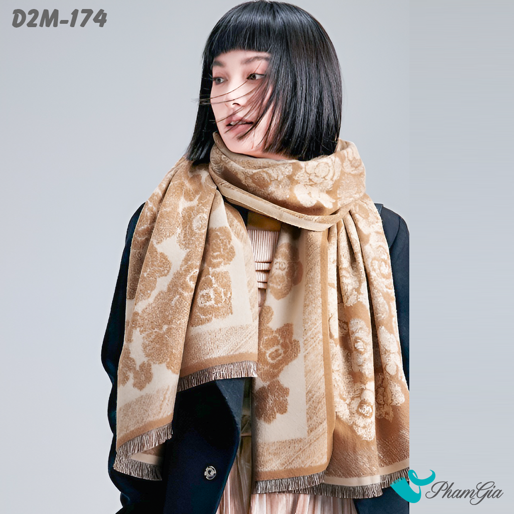 Người Mẫu Choàng Khăn Choàng Dạ Cashmere 2 Mặt Cao Cấp Họa Tiết Hoa Hồng Màu Bạc Xỉu Thanh Lịch