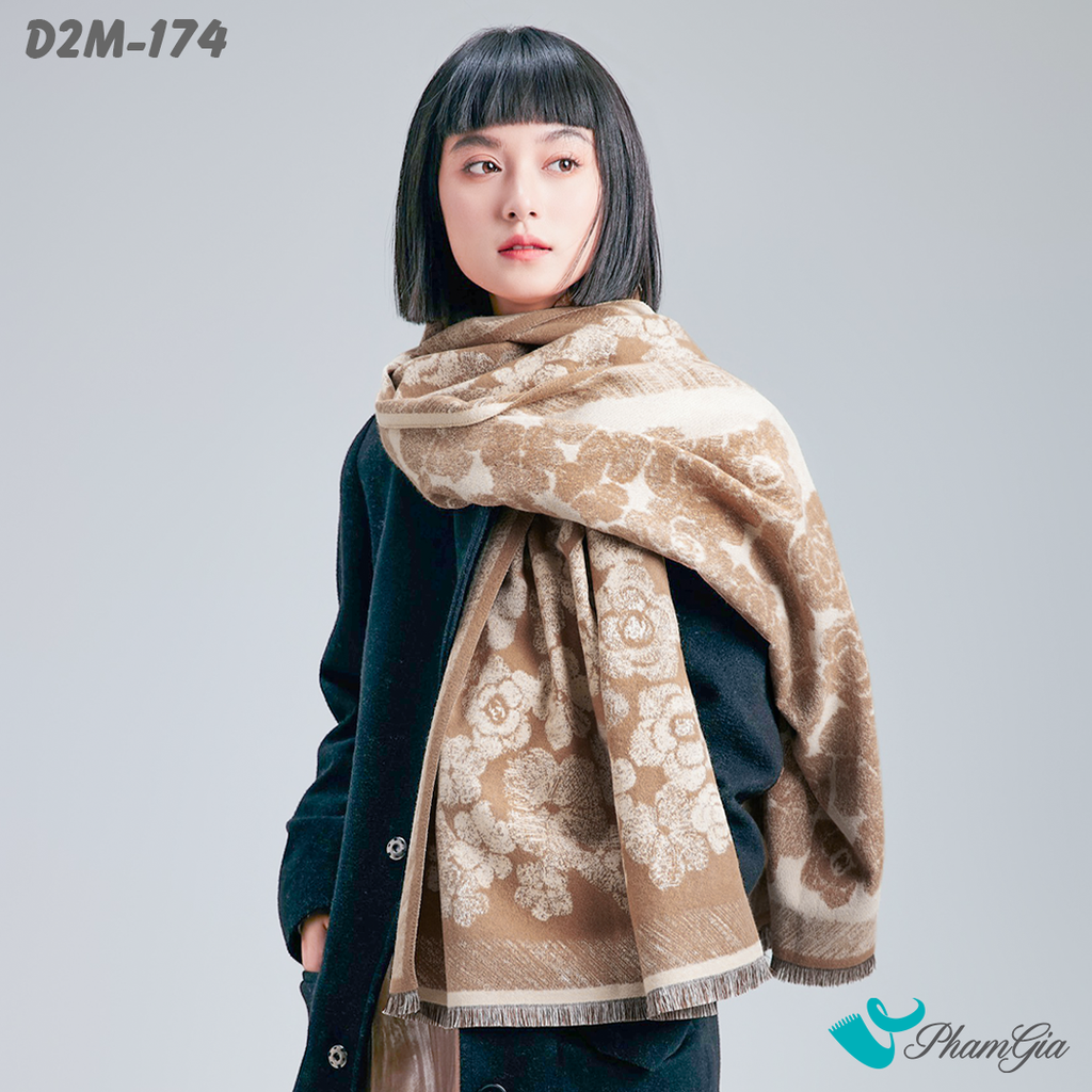 Model Choàng Khăn Choàng Dạ Cashmere 2 Mặt Cao Cấp Họa Tiết Hoa Hồng Màu Bạc Xỉu Thanh Lịch