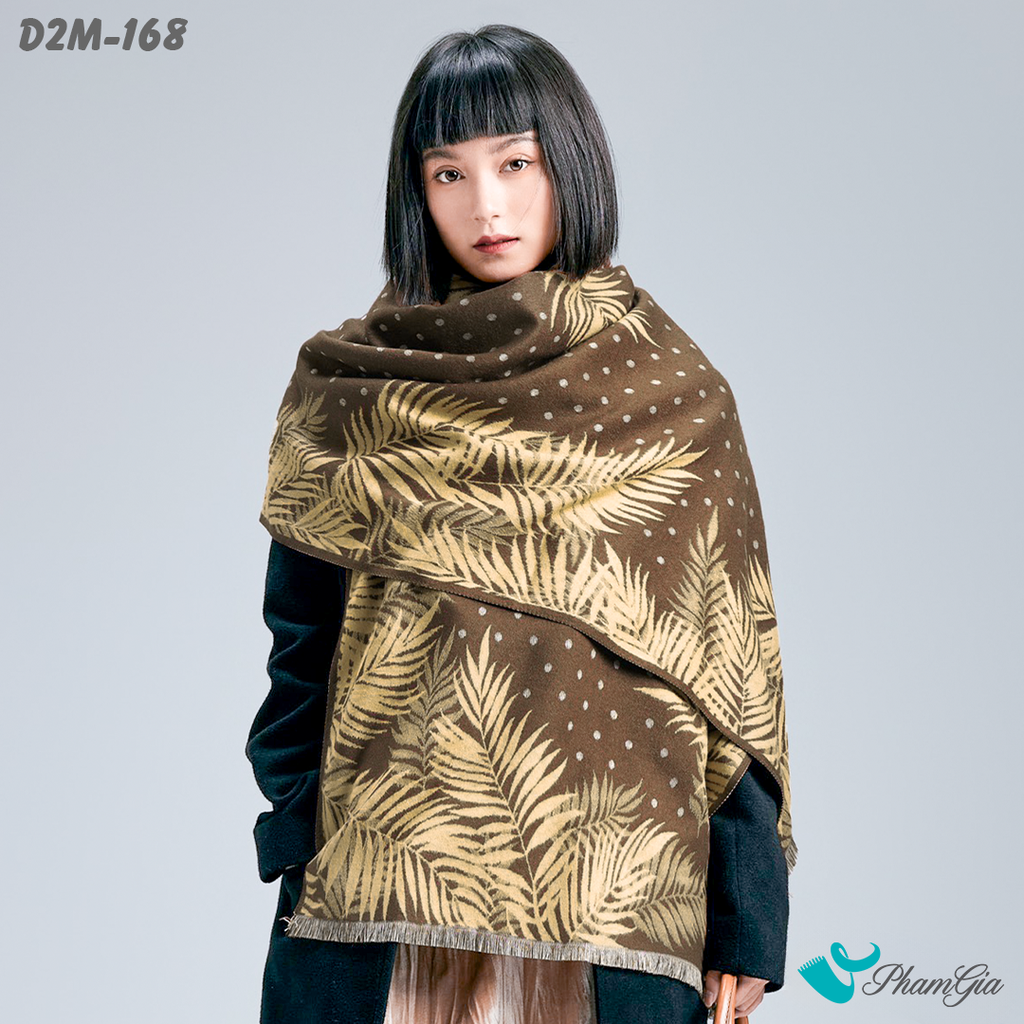 Người Mẫu Choàng Khăn Choàng Dạ Cashmere 2 Mặt Cao Cấp Họa Tiết Lá Dương Xỉ Màu Nâu Rêu Tinh Tế