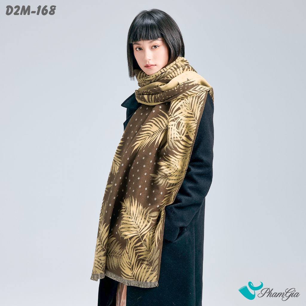 Góc Nghiêng Khăn Choàng Dạ Cashmere 2 Mặt Cao Cấp Họa Tiết Lá Dương Xỉ Màu Nâu Rêu Tinh Tế