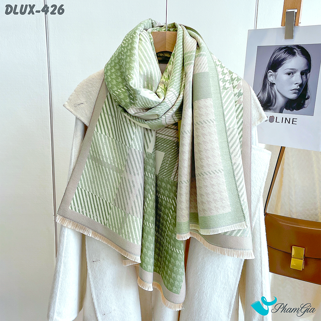 Góc Thẳng Khăn Choàng Dạ Cashmere Cao Cấp Họa Tiết Caro và Nanh Sói Màu Xanh Bơ Hiện Đại