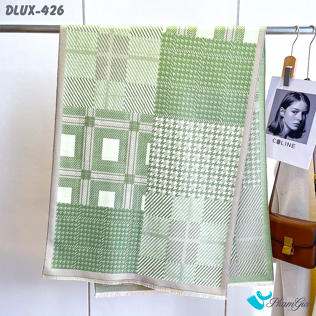 Họa Tiết Khăn Choàng Dạ Cashmere Cao Cấp Họa Tiết Caro và Nanh Sói Màu Xanh Bơ Hiện Đại
