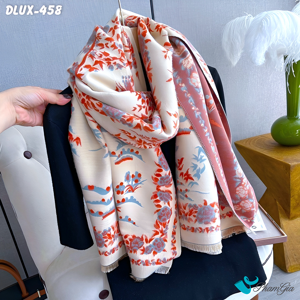 Góc Nghiêng Khăn Choàng Dạ Cashmere Cao Cấp Họa Tiết Hoa Lá Màu Cam Phối Nền Kem Trang Nhã
