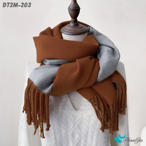 Góc Chính Diện Khăn Choàng Dạ Cashmere Trơn 2 Mặt Phiên Bản Mới Phối Màu Nâu Đất - Xám Hiện Đại