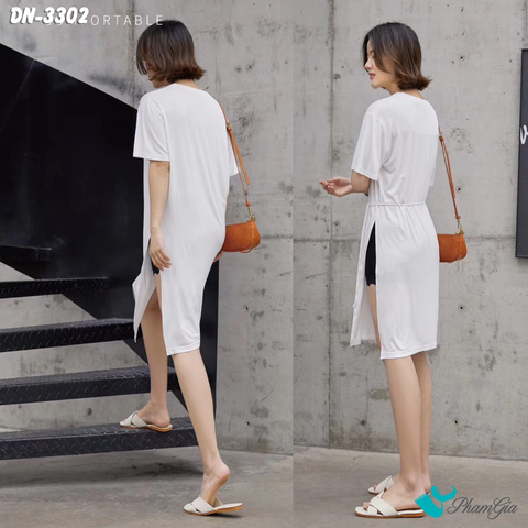 Model Đầm Thun Xẻ Tà Cao Cấp Màu Trắng