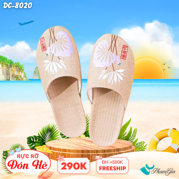 Dép Cói Bít Mũi Cao Cấp Thêu Họa Tiết Hoa Sen Trang Nhã Màu Tím Lilac (DC8020)