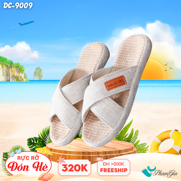Dép Cói Quai Chéo Bo Viền Canvas Cao Cấp Màu Beige Kem (DC9009)