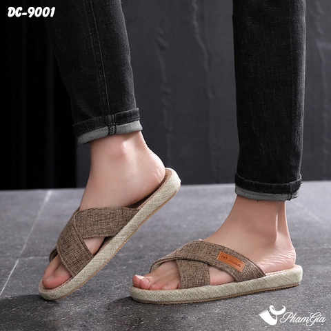 Góc Nghiêng Dép Cói Quai Chéo Bo Viền Canvas Cao Cấp Màu Nâu Beige