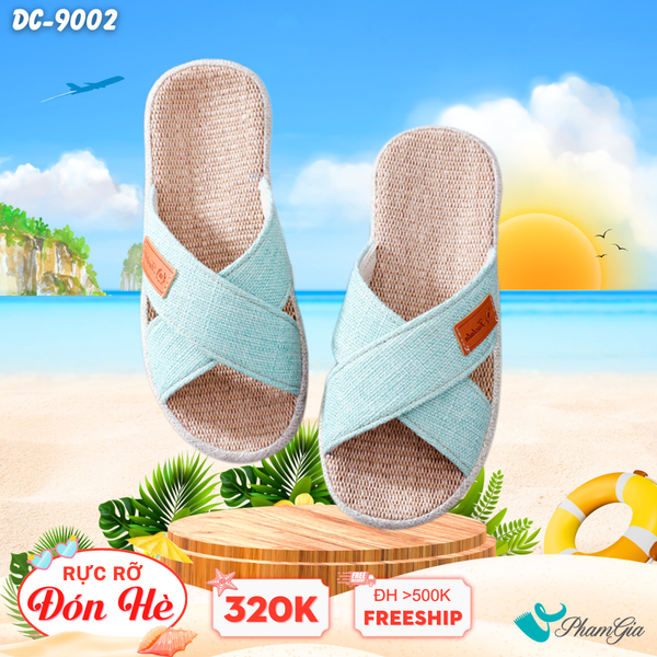 Dép Cói Quai Chéo Bo Viền Canvas Cao Cấp Màu Xanh Ngọc (DC9002)