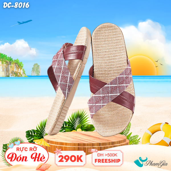 Dép Cói Quai Chéo Cao Cấp Họa Tiết Caro Màu Đỏ Nâu (DC8016)