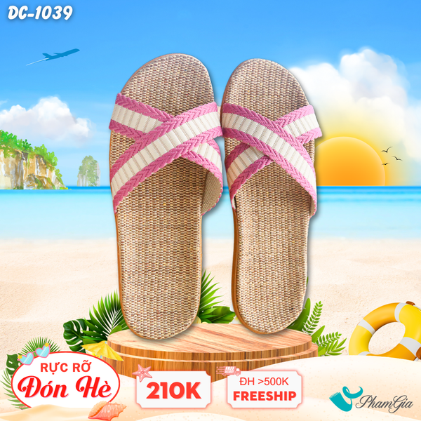 Dép Cói Quai Chéo Phối Màu Kem - Hồng (DC1039)
