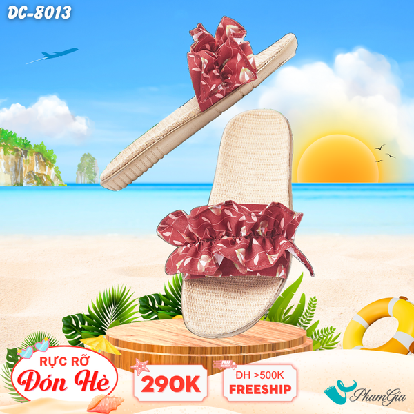 Dép Cói Quai Ngang Cao Cấp Phối Bèo Họa Tiết Hoa Lá Màu Đỏ Đô (DC8013)