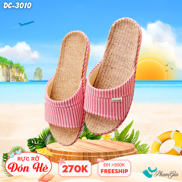 Dép Cói Quai Ngang Phối Họa Tiết Kẻ Sọc Màu Hồng Dâu (DC3010)