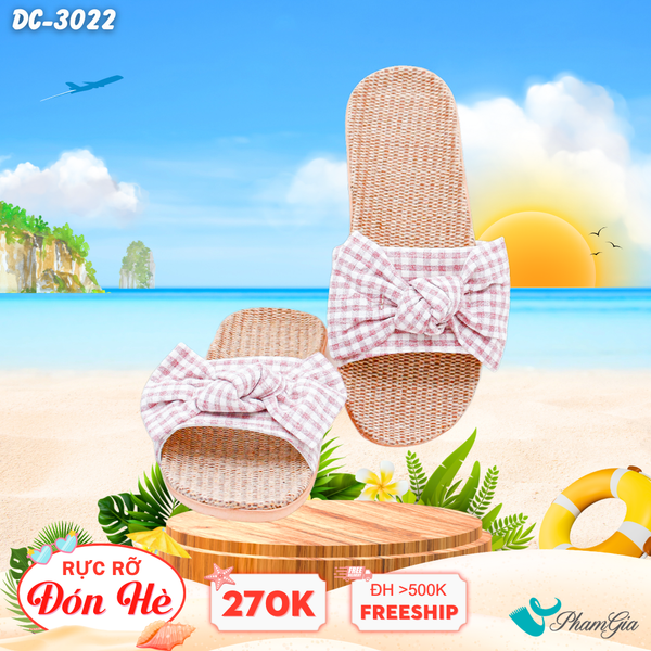 Dép Cói Quai Ngang Phối Nơ Họa Tiết Caro Màu Hồng Ruốc (DC3022)