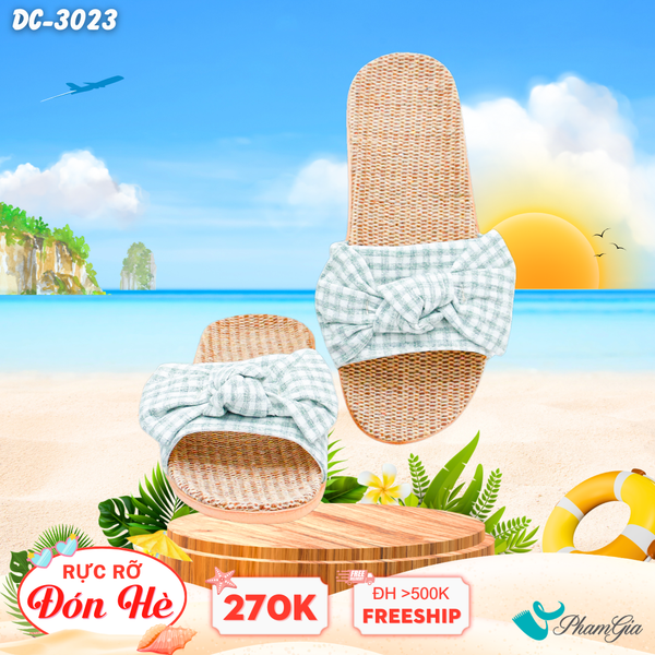 Dép Cói Quai Ngang Phối Nơ Họa Tiết Caro Màu Xanh Mint (DC3023)
