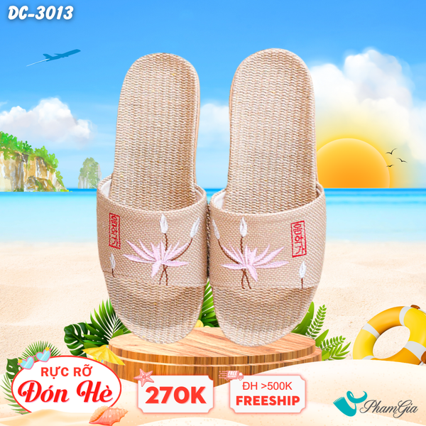 Dép Cói Quai Ngang Thêu Họa Tiết Hoa Sen Màu Hồng Baby (DC3013)
