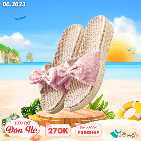 Dép Cói Quai Nơ Canvas Đế Cao 4cm Màu Hồng Pastel (DC3033)