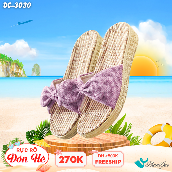 Dép Cói Quai Nơ Canvas Đế Cao 4cm Màu Tím Hoa Cà (DC3030)