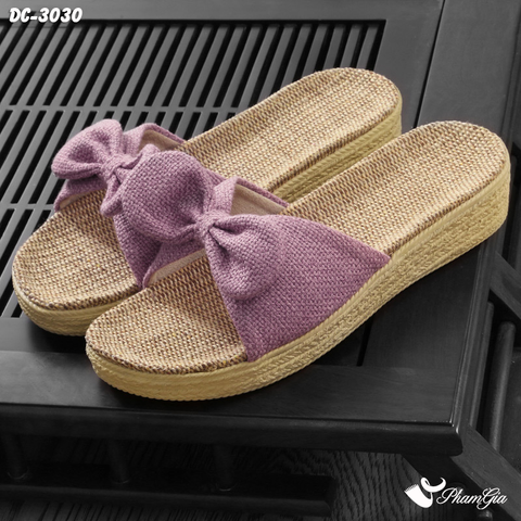 Dép Cói Quai Nơ Canvas Đế Cao 4cm Màu Tím Hoa Cà
