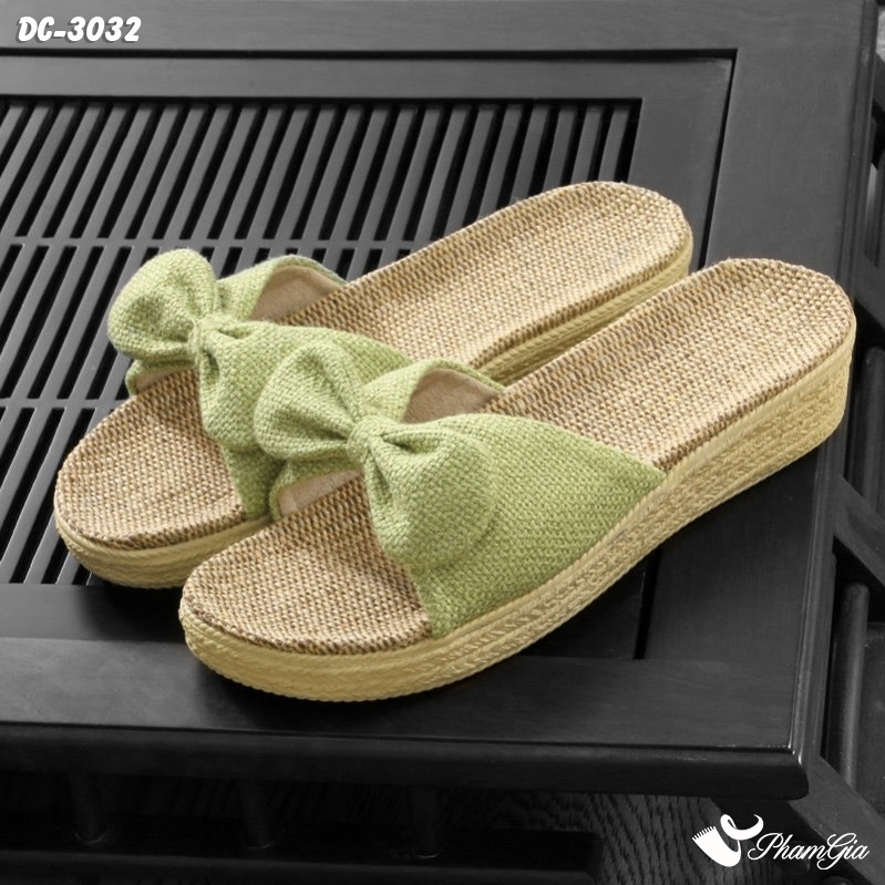 Dép Cói Quai Nơ Canvas Đế Cao 4cm Màu Xanh Bơ