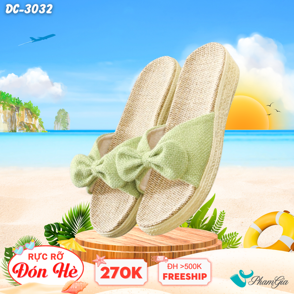 Dép Cói Quai Nơ Canvas Đế Cao 4cm Màu Xanh Bơ (DC3032)