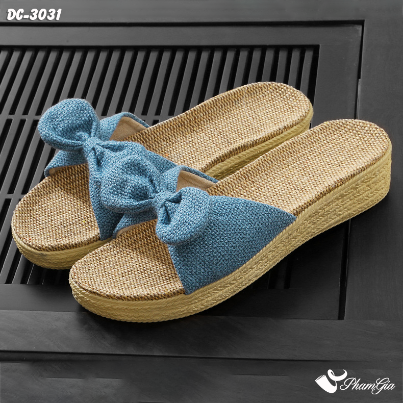 Dép Cói Quai Nơ Canvas Đế Cao 4cm Màu Xanh Navy