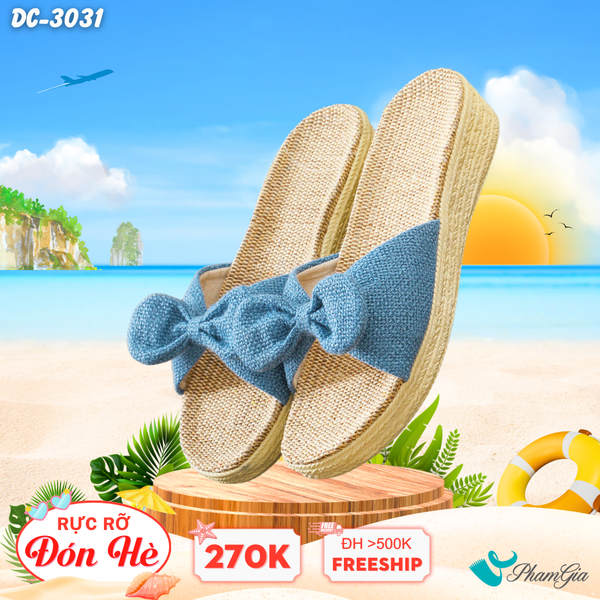 Dép Cói Quai Nơ Canvas Đế Cao 4cm Màu Xanh Navy (DC3031)