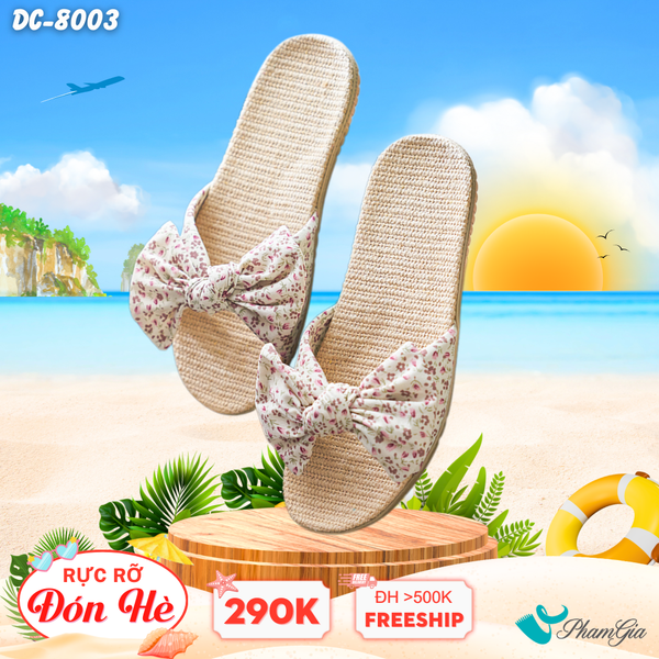 Dép Cói Quai Nơ Cao Cấp Họa Tiết Hoa Nhí Màu Đỏ Mận Nền Kem (DC8003)
