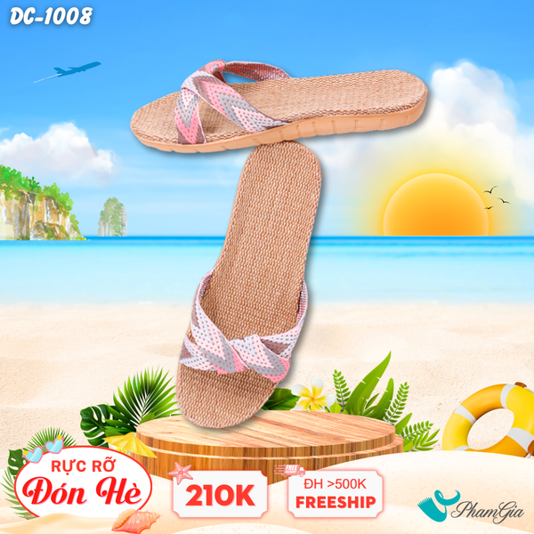 Dép Cói Thổ Cẩm Quai Chéo Màu Xám - Cam (DC1008)