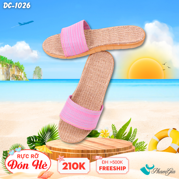 Dép Cói Thổ Cẩm Quai Ngang Màu Hồng Phấn (DC1026)