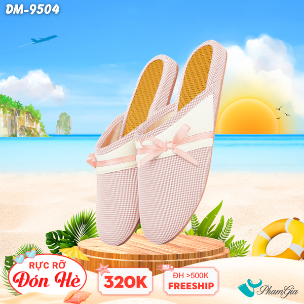 Dép Mây Bít Mũi Cao Cấp Họa Tiết Caro Phối Nơ Màu Hồng Pastel (DM9504)