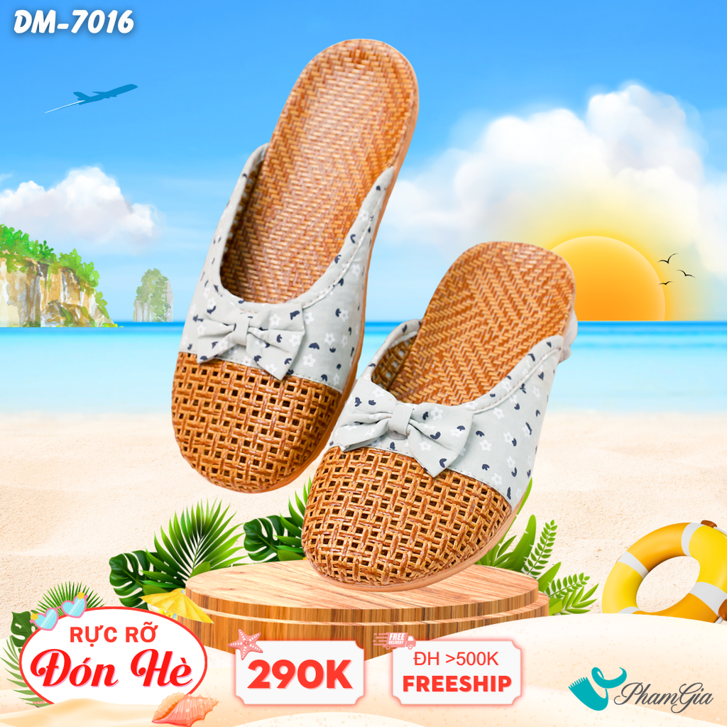 Dép Mây Bít Mũi Cao Cấp Họa Tiết Hoa Nhí Màu Xanh Pastel