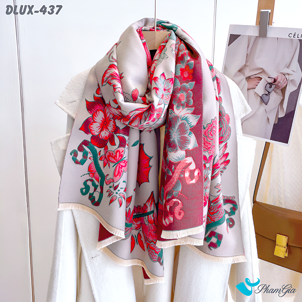 Khăn Choàng Dạ Cashmere Cao Cấp Họa Tiết Hoa Đỏ Phối Nền Beige Quyến Rũ