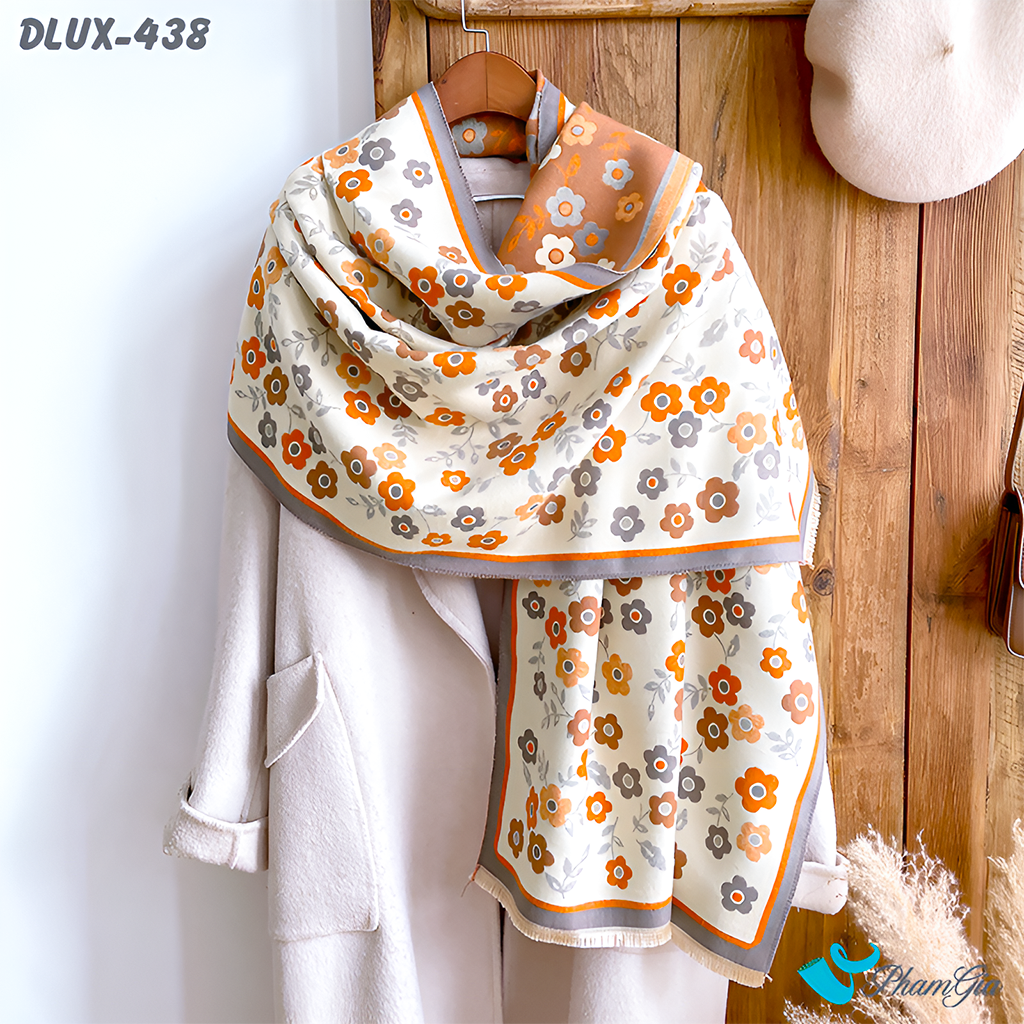 Khăn Choàng Dạ Cashmere Cao Cấp Họa Tiết Hoa Nhí Màu Cam Đất Thanh Lịch