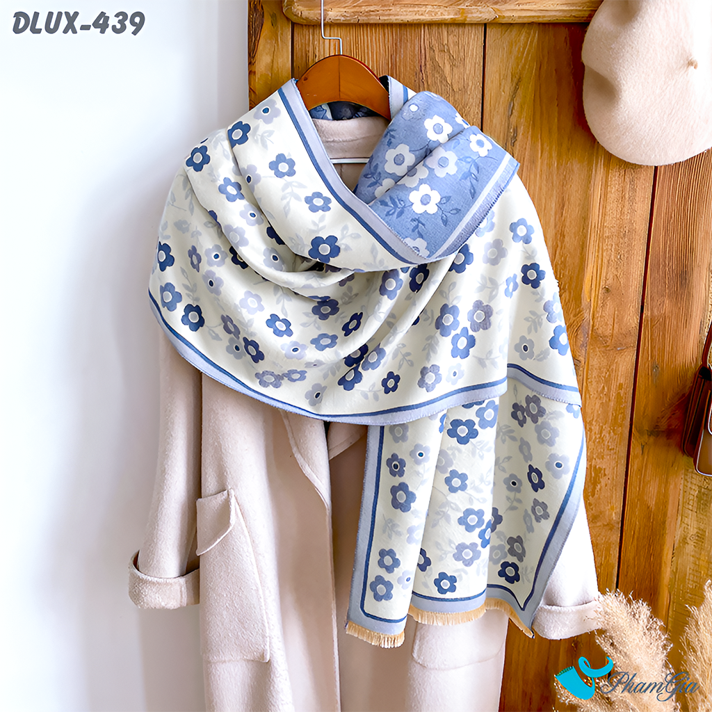 Khăn Choàng Dạ Cashmere Cao Cấp Họa Tiết Hoa Nhí Màu Xanh Baby Thanh Lịch