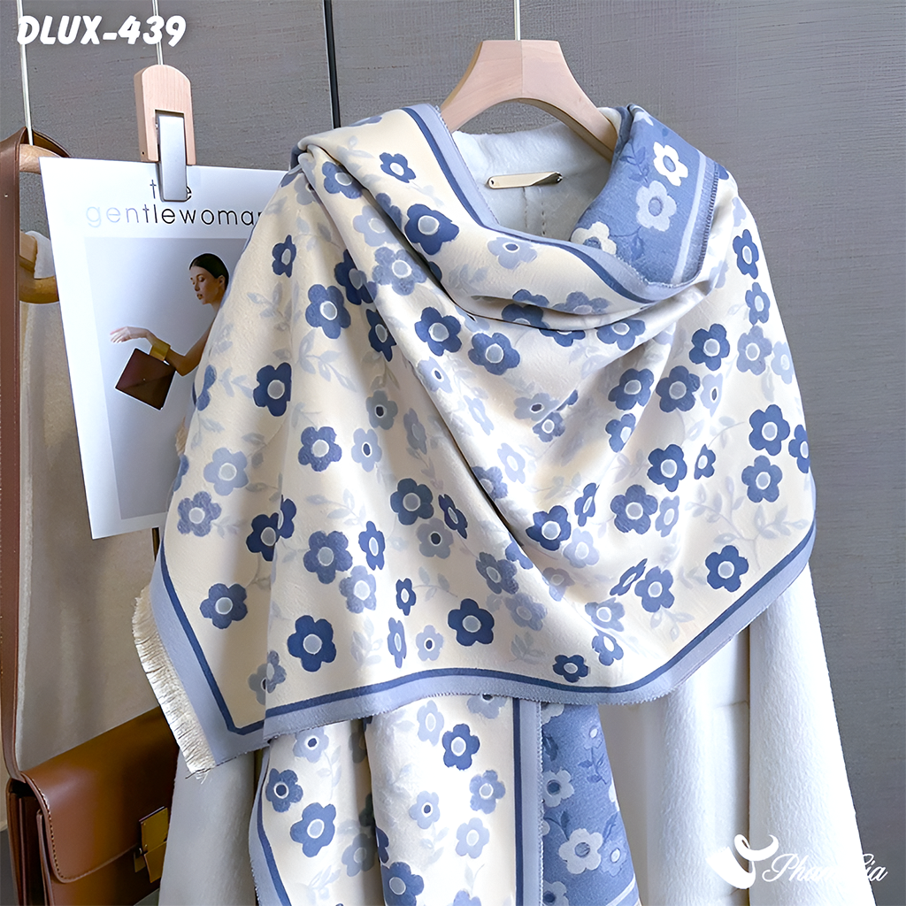 Góc Thẳng Khăn Choàng Dạ Cashmere Cao Cấp Họa Tiết Hoa Nhí Màu Xanh Baby Thanh Lịch
