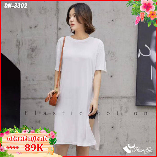 Đầm Thun Xẻ Tà Cao Cấp Màu Trắng (DN3302)