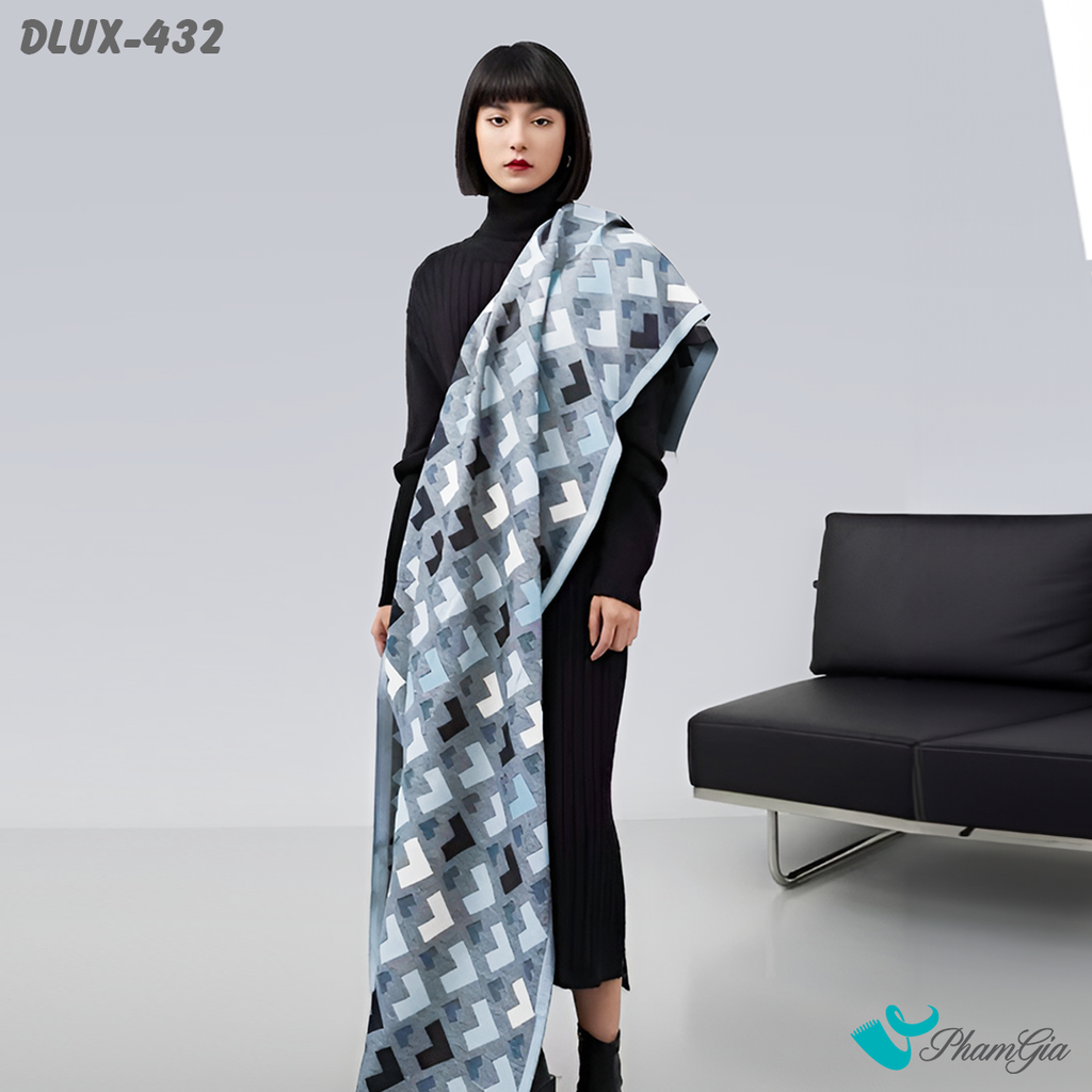 Người Mẫu Choàng Khăn Choàng Dạ Cashmere Cao Cấp Họa Tiết Mũi Tên Hình Học Màu Xanh Baby Viền Đen Cá Tính