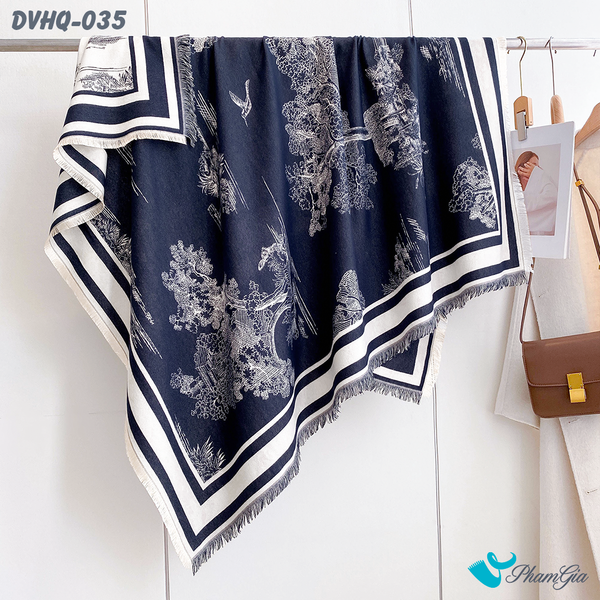 Khăn Choàng Dạ Cashmere Vuông Phong Cách Hàn Quốc Cao Cấp Họa Tiết Cây Cổ Thụ Màu Xanh Navy (DVHQ035)