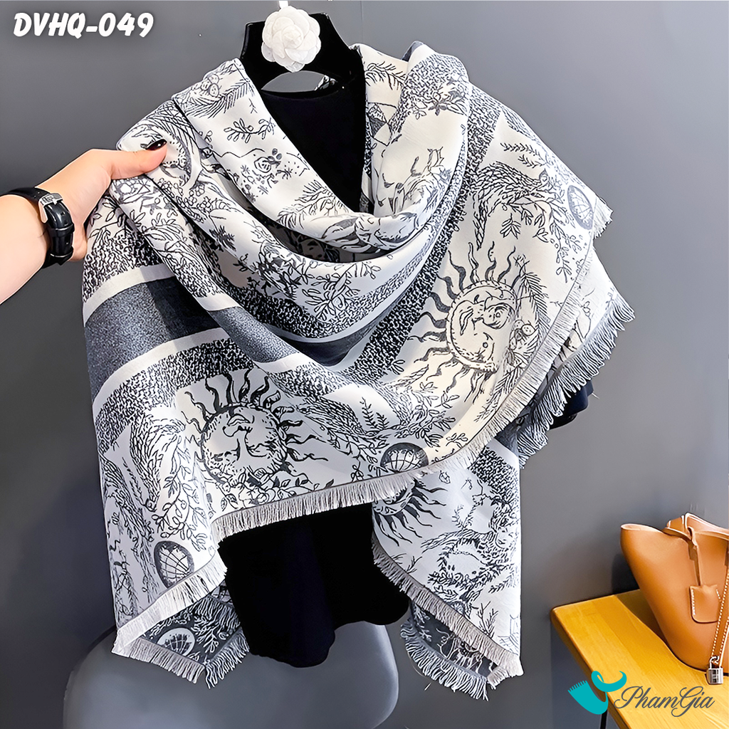 Góc Nghiêng Khăn Choàng Dạ Cashmere Vuông Phong Cách Hàn Quốc Cao Cấp Họa Tiết Mặt Trời Màu Xám Khói
