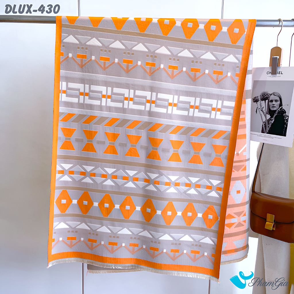 Họa Tiết Khăn Choàng Dạ Cashmere Cao Cấp Họa Tiết Hình Học Hiện Đại Màu Cam Phối Xám Thanh Lịch