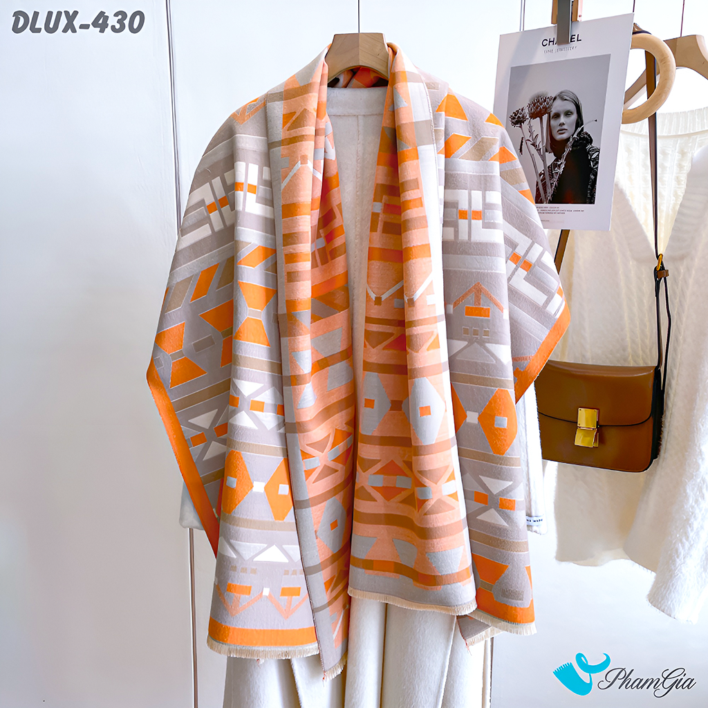 Góc Thẳng Khăn Choàng Dạ Cashmere Cao Cấp Họa Tiết Hình Học Hiện Đại Màu Cam Phối Xám Thanh Lịch