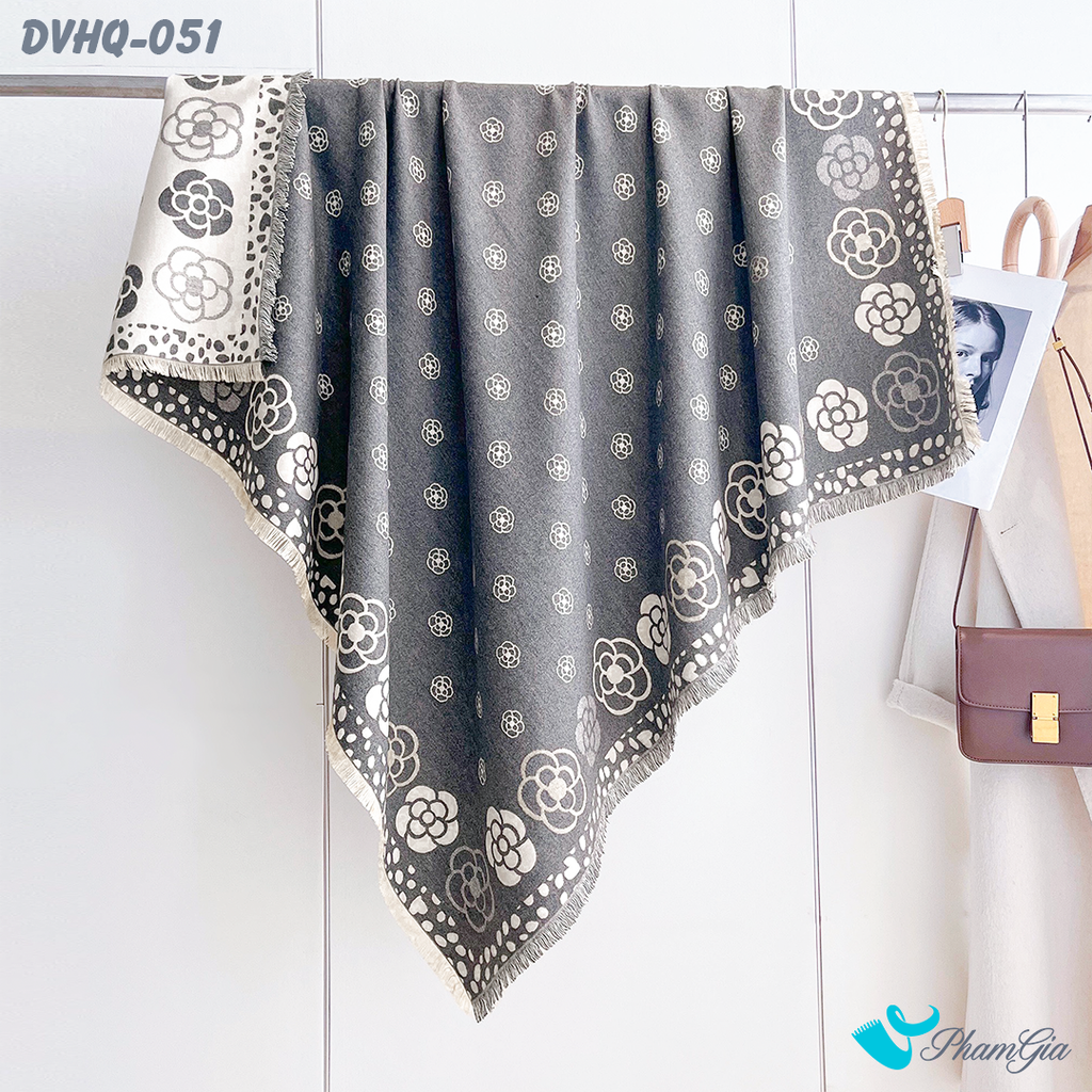 Họa Tiết Khăn Choàng Dạ Cashmere Vuông Phong Cách Hàn Quốc Cao Cấp Họa Tiết Hoa Cúc Màu Xám Ghi