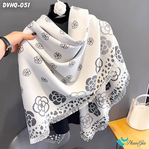 Góc Nghiêng Khăn Choàng Dạ Cashmere Vuông Phong Cách Hàn Quốc Cao Cấp Họa Tiết Hoa Cúc Màu Xám Ghi