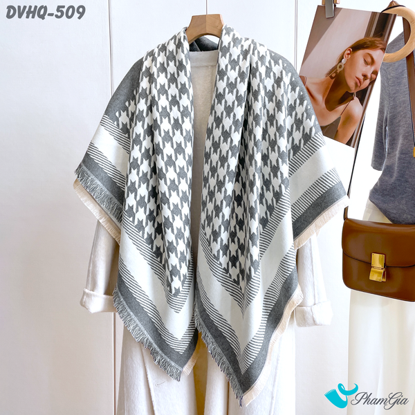 Khăn Choàng Dạ Cashmere Vuông Phong Cách Hàn Quốc Phiên Bản Mới Họa Tiết Nanh Sói Xám Khói (DVHQ509)